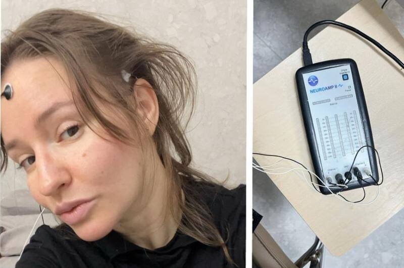 Расположение датчиков на голове и сам аппарат для считывания волн мозга.