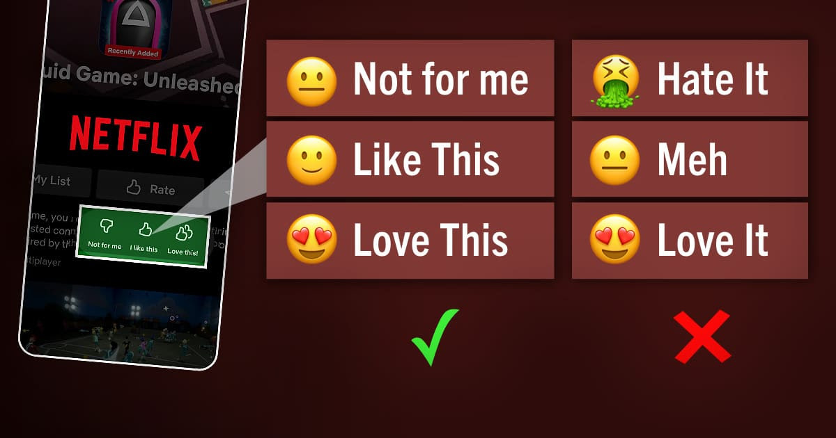 Избегайте негативных формулировок в своих продуктах. На скриншоте правильный вариант содержит формулировки: Не для меня, Понравилось, , Просто обожаю 
