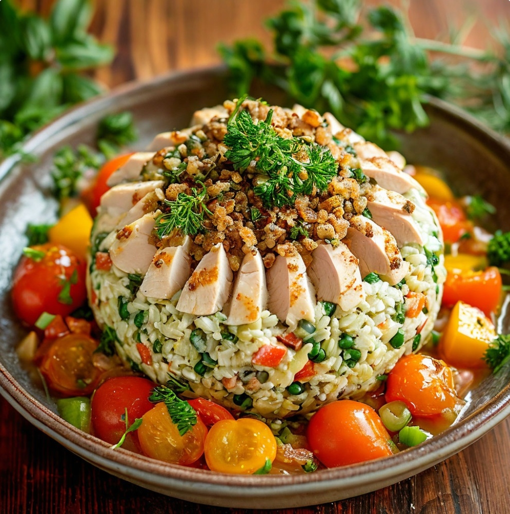 Не обычная подача оливье с курицей и овощами.