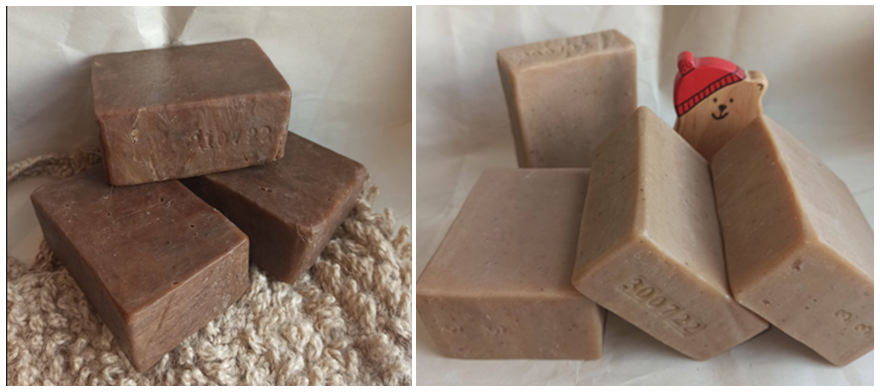 Оба мыла сварены на основе предложенной базовой пропорции. Цвет - от настоя трав :)