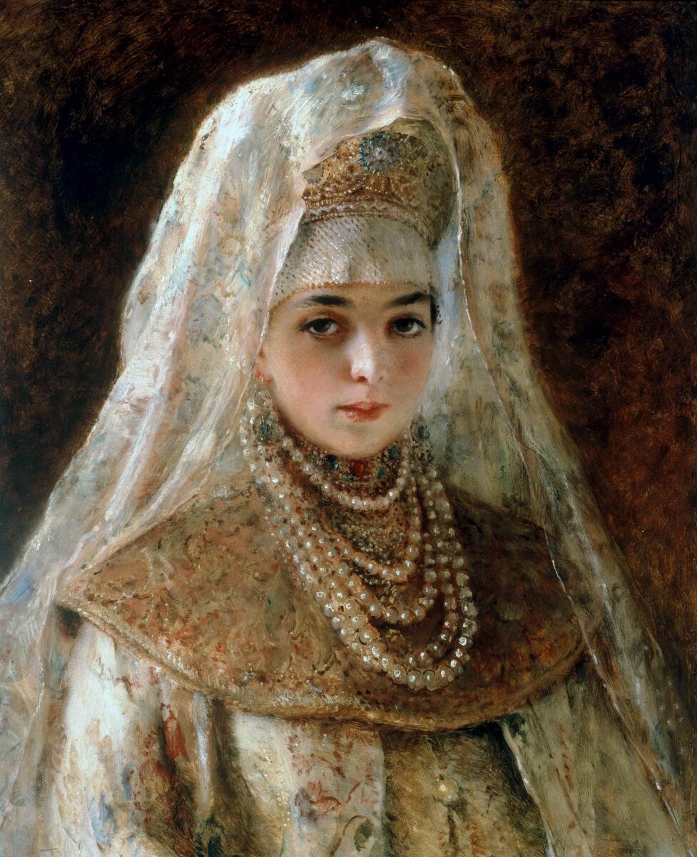 Девушка в боярской одежде, 1885 г., Константин Маковский. Источник фото: https://gallerix.ru/.