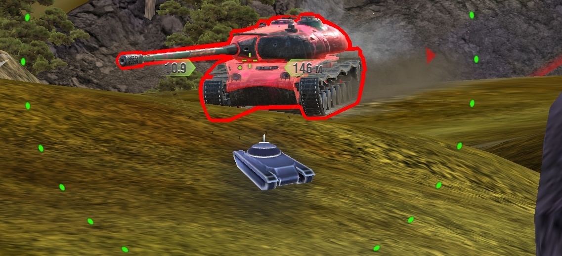 Bz-58-2 в прицеле такого же танка. Как видно, стоит чуть отвернуть башню и всё, он туда начинает пробиваться. И обратите внимание на большую башенку. 