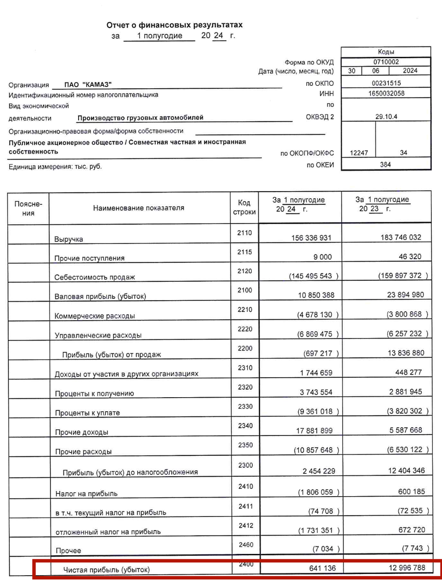 Отчетность компании по РСБУ за 6 месяцев 2024 года.