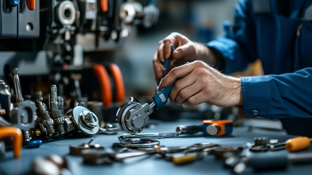 "Монтер путей работает с железнодорожными рельсами в утреннем свете, город и поезд на заднем плане, профессионализм."