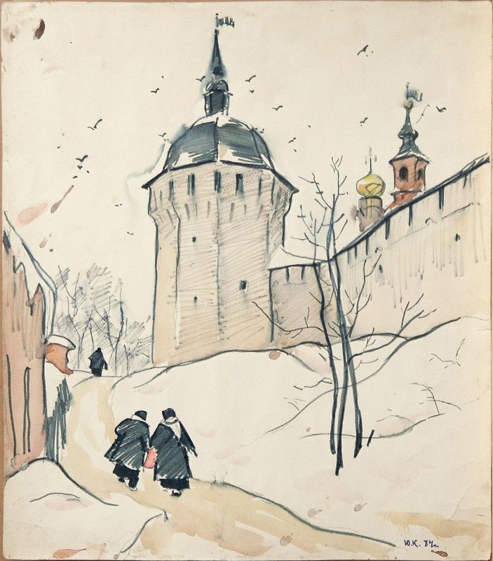 Уточья башня, акварель, бумага, 1974 г. Художник Ю. Кириченко.