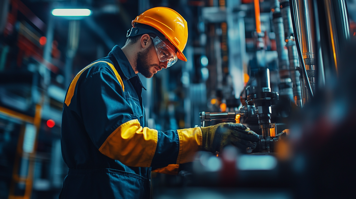 "Профессиональный бурильщик в защитной экипировке работает на современном оборудовании для бурения нефти и газа в Москве."