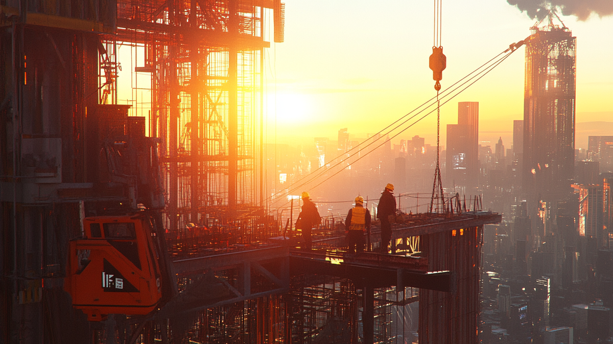 "Рабочие монтируют стальные конструкции на высоте на фоне городского рассвета, демонстрируя профессионализм и точность."