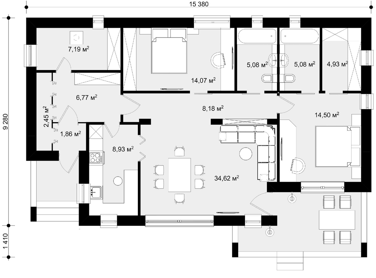 Вариант плана с изолированной кухней и большой второй спальней вместосауны