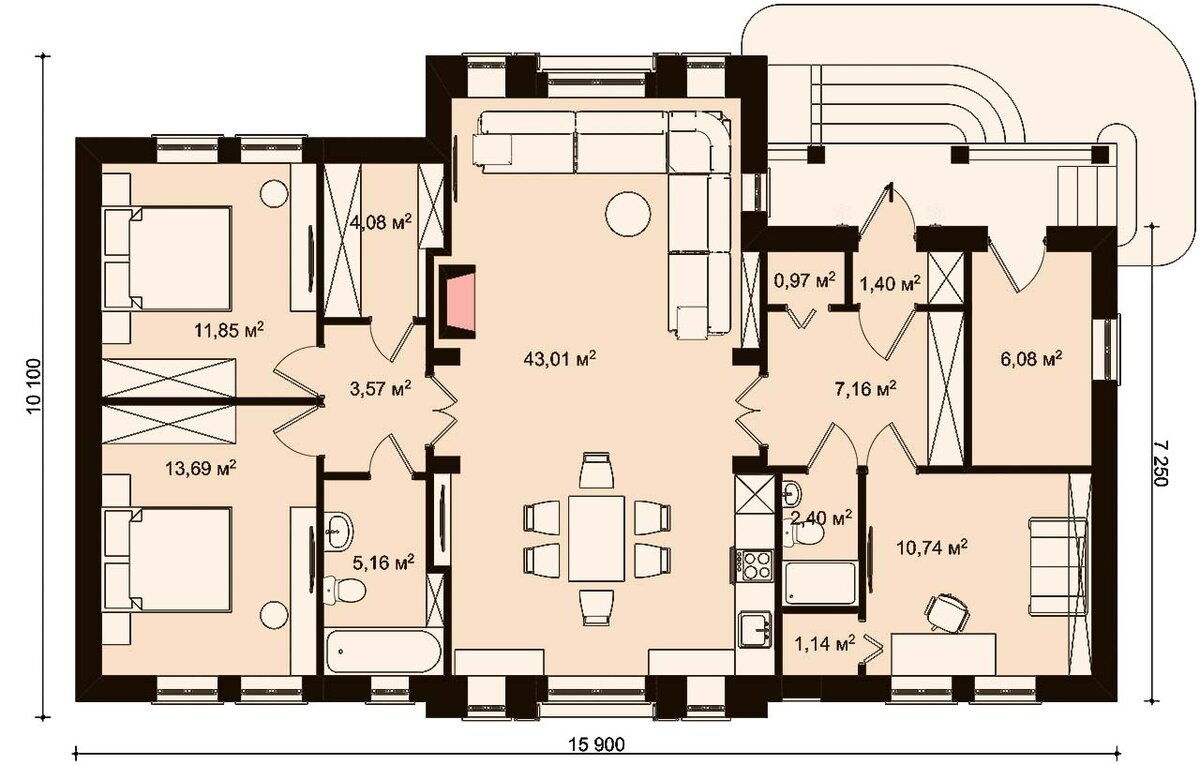 Одна комната (гостевая или кабинет) при входе, и две - в глубине дома. Вместо кабинета можно сделать большую изолированную кухню.