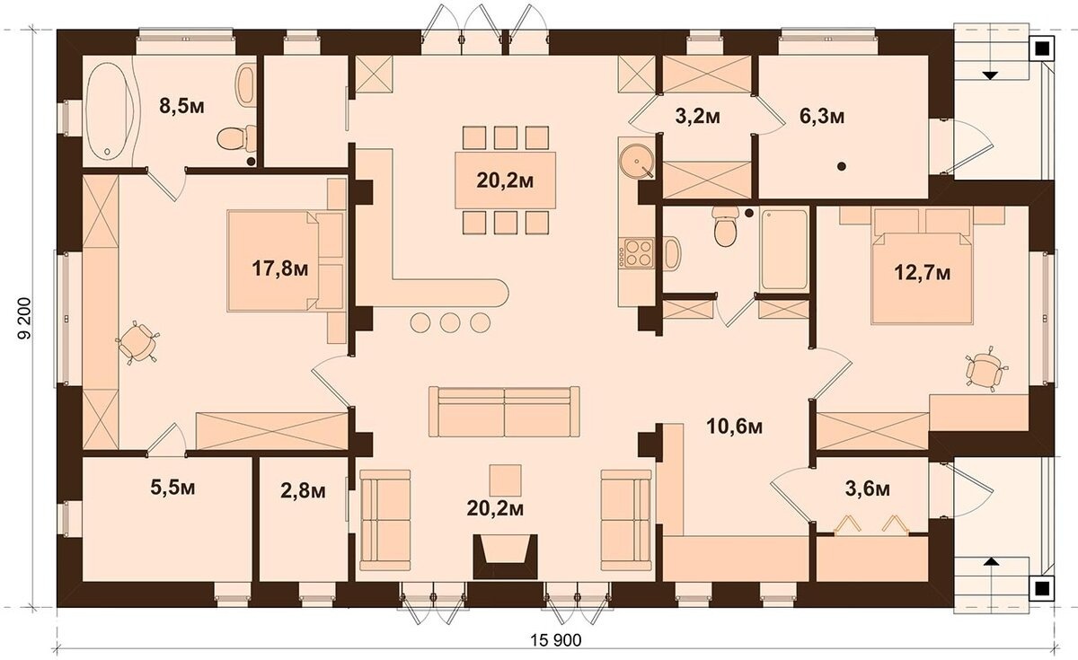 проект дома на 2 спальни со всевозможными кладовыми. Для строительства в середине участка