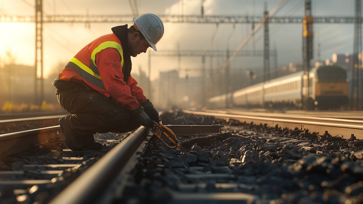"Монтер путей работает с железнодорожными рельсами в утреннем свете, город и поезд на заднем плане, профессионализм."