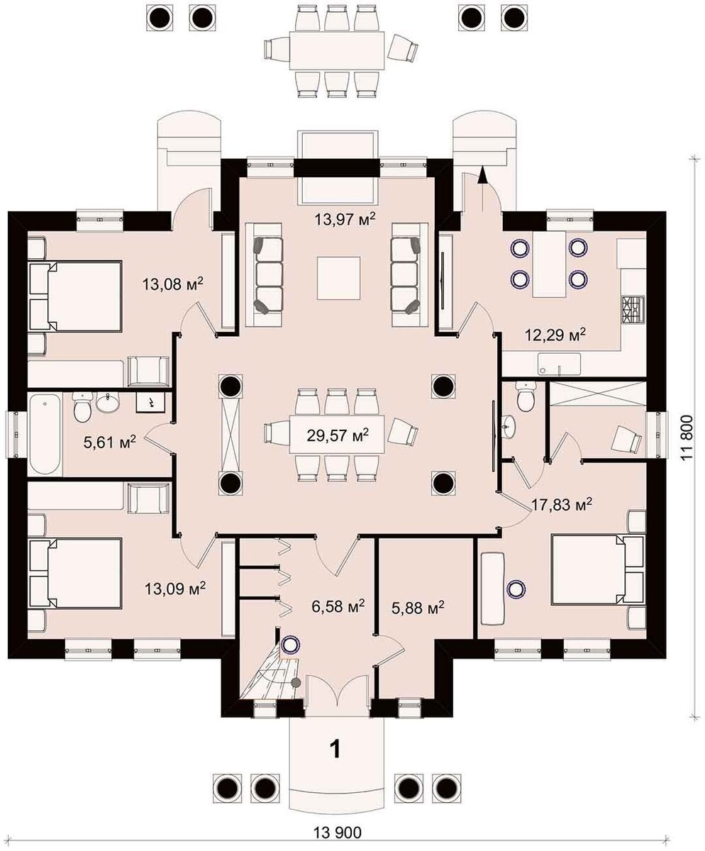Первый этаж. Взаиморасположение комнат можно менять
