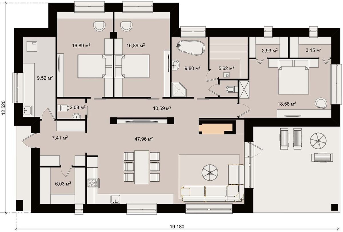 2. МАЙАМИ 158 м2 - проект одноэтажного коттеджа с 3 спальнями и сауной, или с 4 спальнями