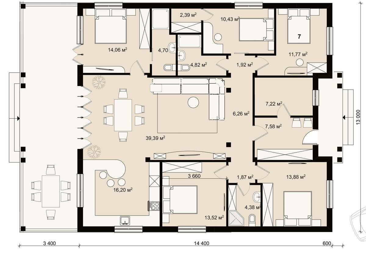 3. БУГУЛЬМА 159 м2 - проект одноэтажного дома 13х17 с пятью спальнями, с большой кухней и террасой