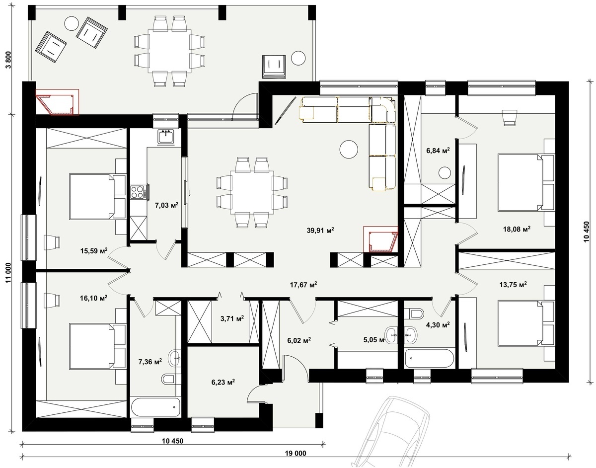 1. АМЕТИСТ 166 м2 - проект большого одноэтажного дома-шале на 4 спальни, для широкого участка