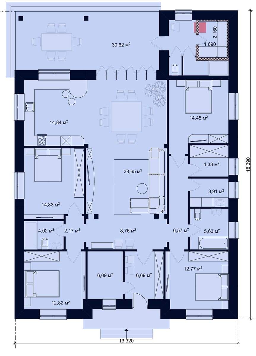 3. РОСТОВ 167 м2 - проект простого одноэтажного дома с большой кухней, 4 спальнями, террасой и баней