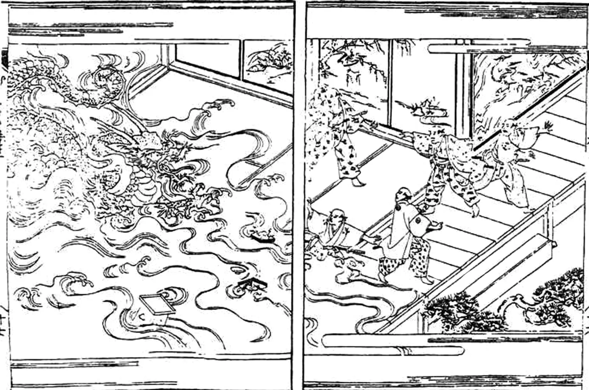 Колдовство Касина Кодзи. Иллюстрация из «Тамахахаки», Хаяси Гитан, 1696 год.