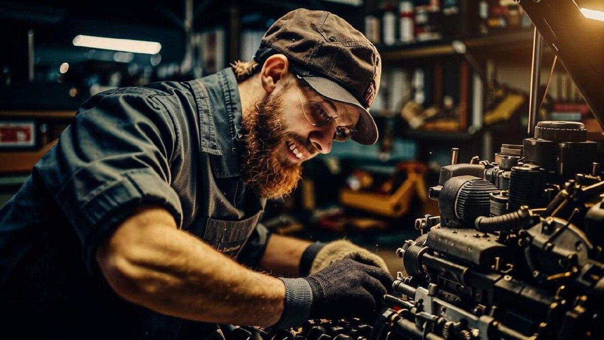 Механик за работой, выполняющий технический ремонт двигателя в мастерской для повышения квалификации.
