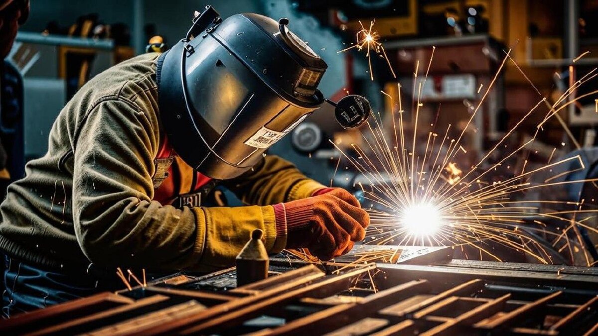 Сварщик, работающий с пламенем на курсах сварщика в учебном центре «Обучим специалиста» дистанционно.
