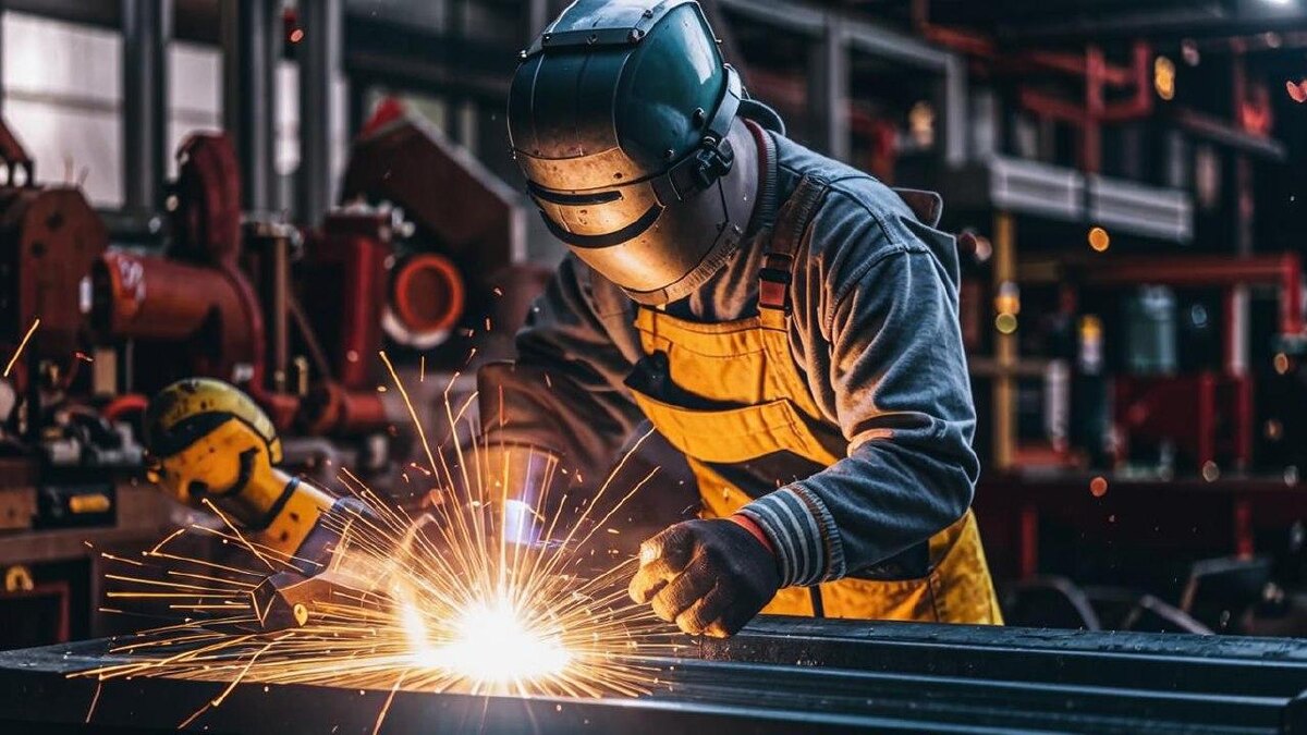 Сварщик за работой на курсах по сварке в учебном центре «Обучим специалиста» дистанционно.
