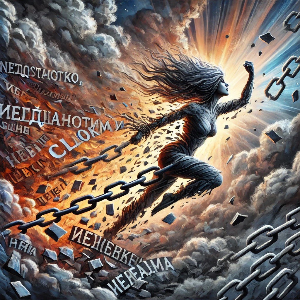 На фото женщина, которая вырывается из оков комплексов и стереотипов. 