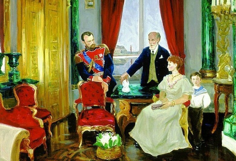 Карл Фаберже вручает "Зимнее" яйцо императору Николаю II, в присутствии императрицы Александры Федоровны и цесаревича Алексея. Анатолий Иванович Перевышко, Живопись, 2001, 160×160 см