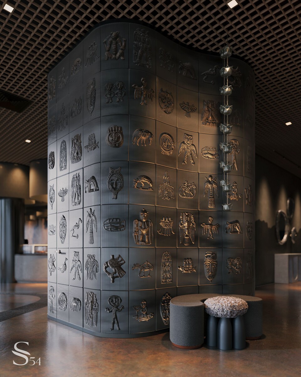 Фасады гардероба выполнены по нашим эскизам на основе артефактов в зверином стиле