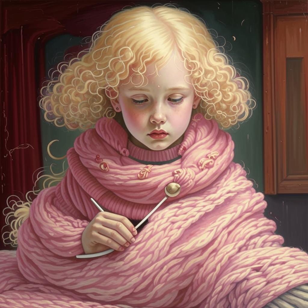 Маленькая грустная девочка со светлыми кудрявыми волосами вяжет спицами огромный розовый шарф. Автор - нейросеть