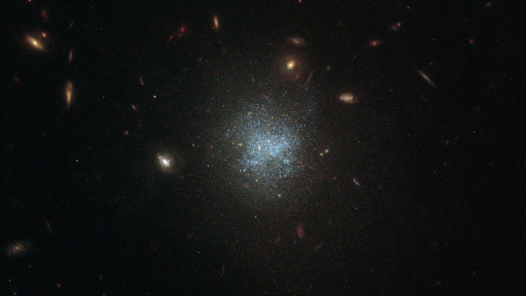    This image, taken with the NASA/ESA Hubble Space Telescope, focuses on an object named UGC 695, which is located 30 million light-years away within the constellation Cetus (The Sea Monster), also known as The Whale. UGC 695 is a low-surface-brightness (LSB) galaxy. These galaxies are so faint that their brightness is less than the background brightness of Earth’s atmosphere, which makes them tricky to observe. This low brightness is the result of the relatively small number of stars within them — most of the baryonic matter in these galaxies exists in the form of huge clouds of gas and dust. The stars are also distributed over a relatively large area. LSB galaxies, like dwarf galaxies, have a high fraction of dark matter relative to the number of stars they contain. Astronomers still debate about how LSB galaxies formed in the first place. Александр Шереметьев