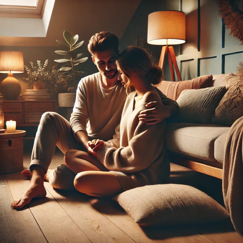 парень с девушкой сидят обнявшись на полу в уютной атмосфере