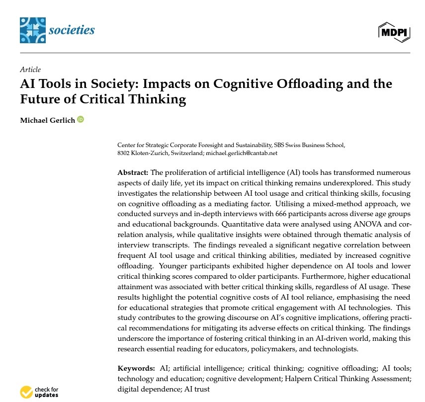 Статья Майкла Герлиха "Инструменты ИИ в обществе: влияние на когнитивную разгрузку и будущее критического мышления" из журнала Societies (MDPI, 2025)