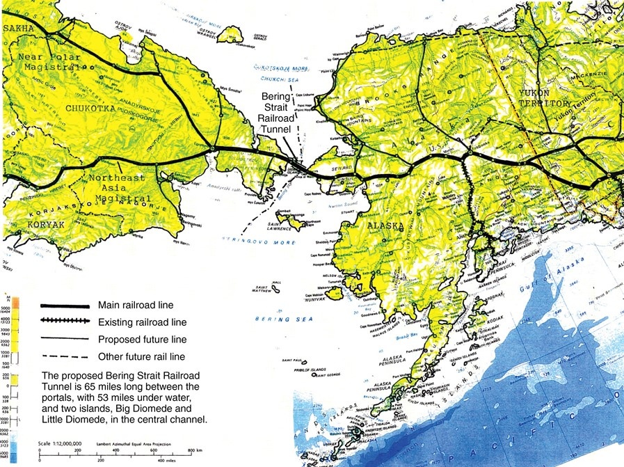 Один из проектов строительства железнодорожного туннеля между США и Россией под Беренговым проливом