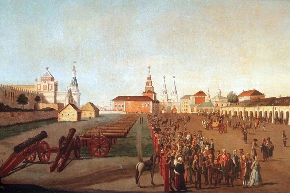    Здание Московского университета (в центре) у Воскресенских ворот на Красной площади. 1780-е гг.. Фото: Commons.wikimedia.org