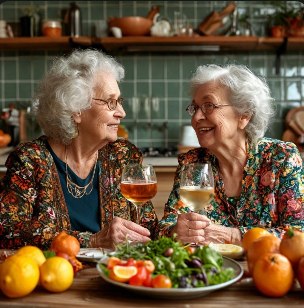Примерно вот так представляет нейросеть Шедеврум дружеский ужин. Думаю, лет через двадцать мы с подругой будем выглядеть примерно так)))