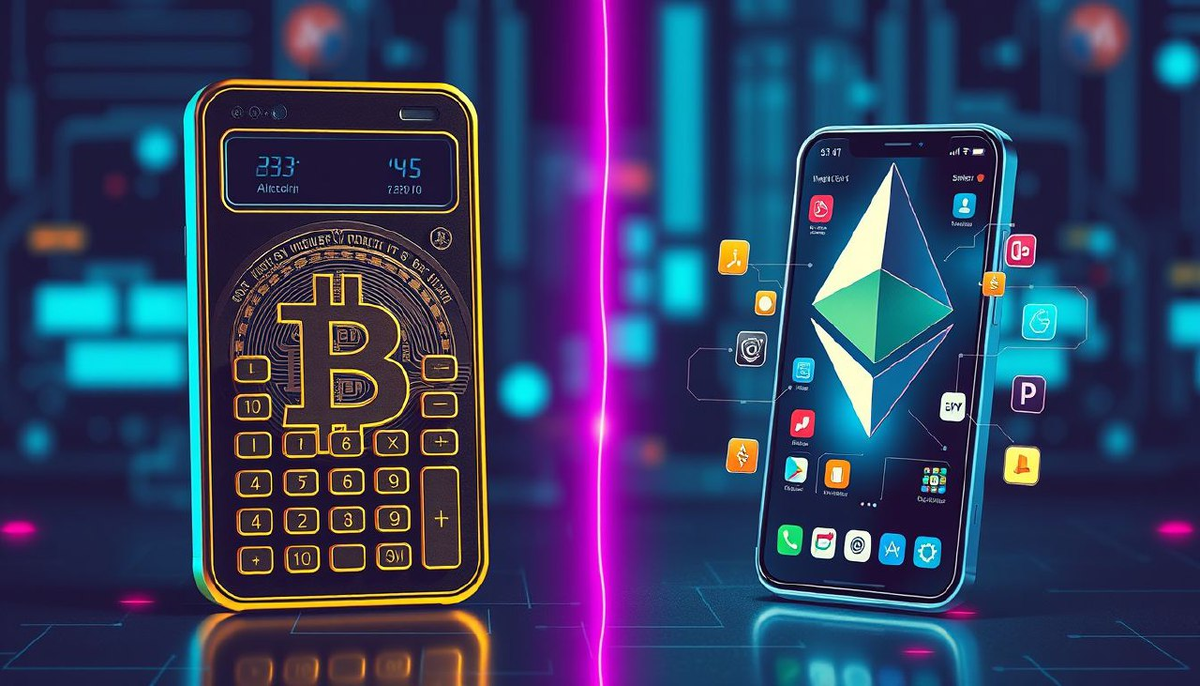 Концептуальное сравнение биткоина и Ethereum. Биткоин изображён как калькулятор с базовыми функциями, а Ethereum - как современный смартфон с множеством приложений.