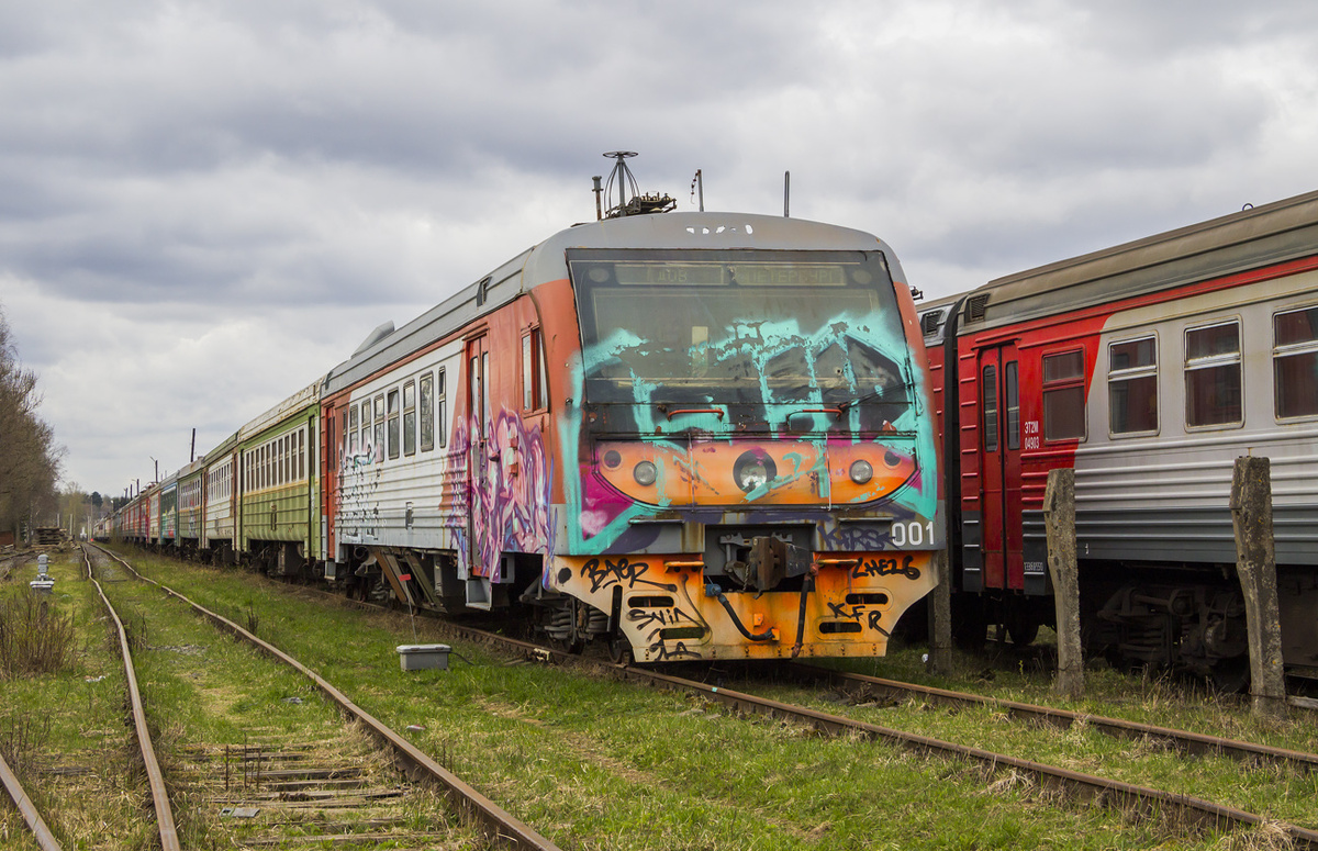 Рядом его землячка - ЭТ2. Поезд состоит из разноцветных вагонов, но первый весь разграфичен.