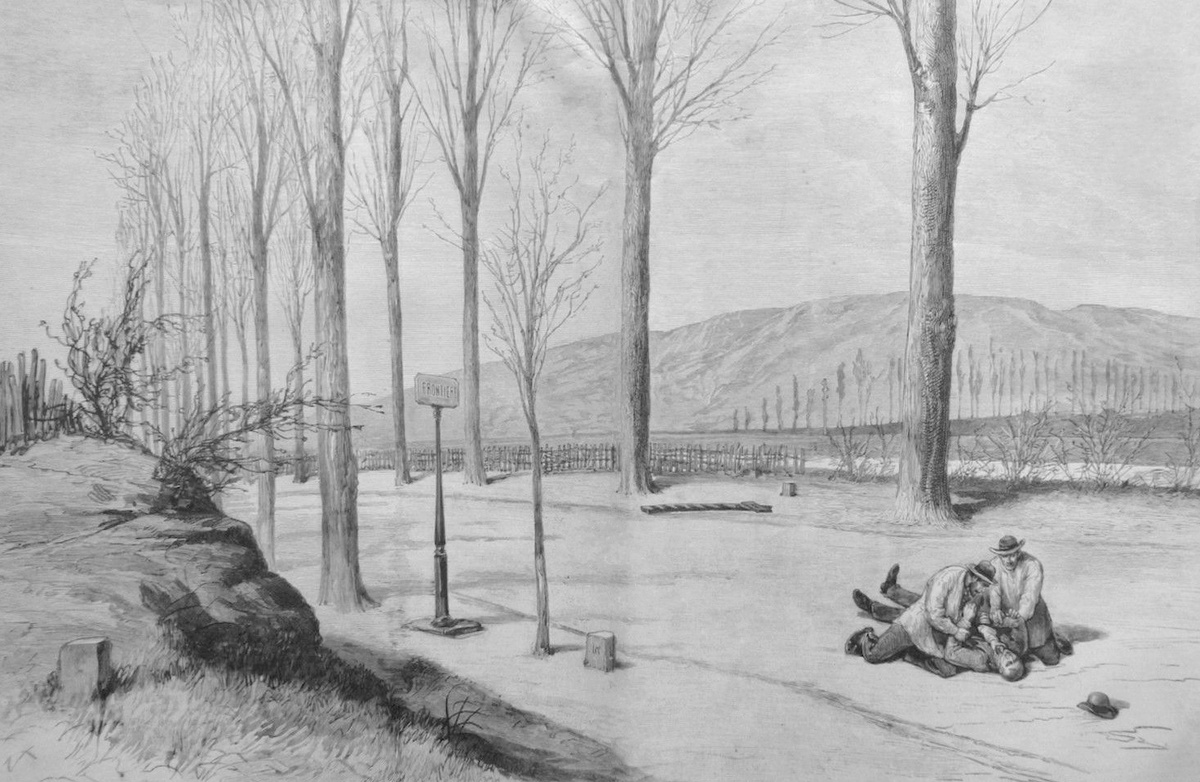 Иллюстрация: нападавшие тащат Шнабеле на немецкую сторону границы. Обратите внимание на три пограничных камня и два столба, обозначающие место, где дорога пересекает французскую и немецкую «Frontière» (знак). Слева — железнодорожная насыпь.