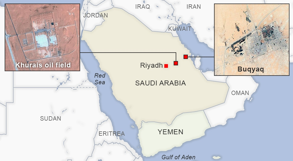 Абкайк (Букайк) и Хурайс на карте Саудовской Аравии. 