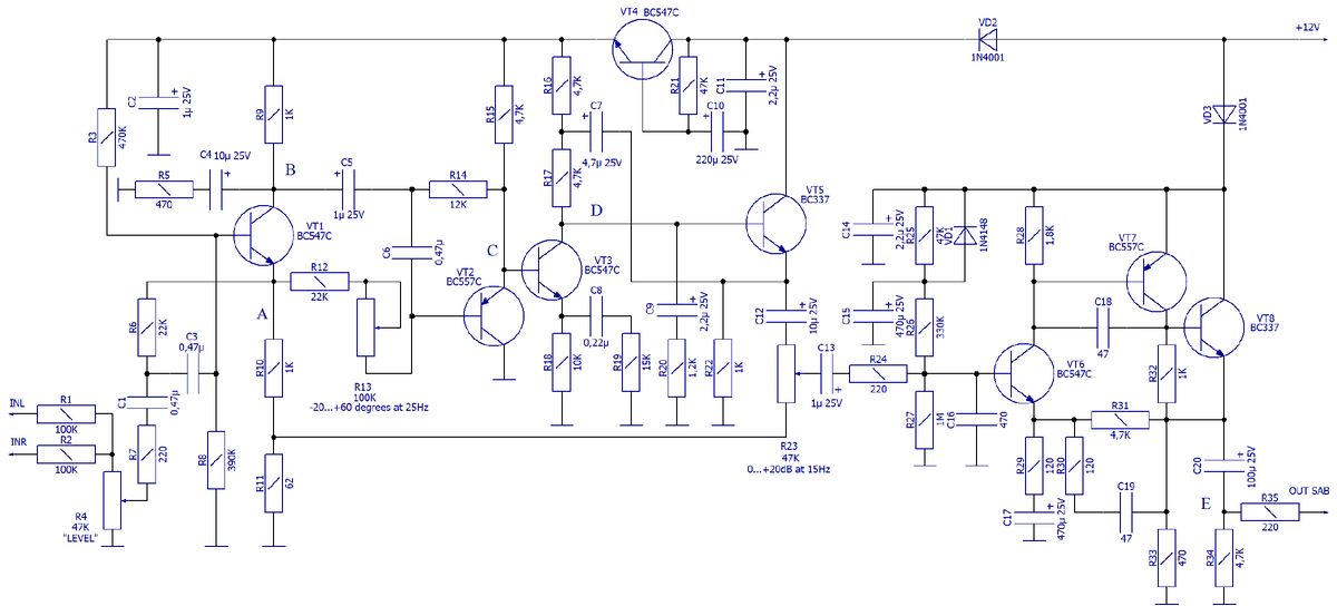 Схема электрическая принципиальная сабвуферного фильтра с регулировкой АЧХ и фазовой задержки