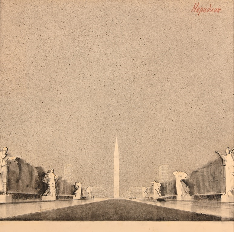    Морозов Г. П., Ситникова Е.С., Андреенко И.Н. Конкурсный проект памятника защитникам Ленинграда. Девиз "Меридиан".Перспектива со стороны Пулковского шоссе. 1960 год. Чертеж. Бумага, тушь, уголь, аэрография.Государственный музей истории Санкт-Петербурга