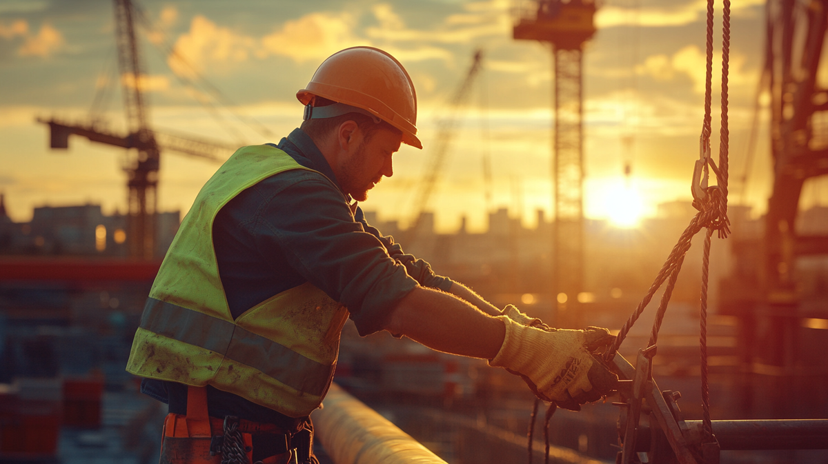 "Стропальщик закрепляет грузовые тросы на строительной площадке, закатное солнце освещает профессиональную работу с кранами на фоне."