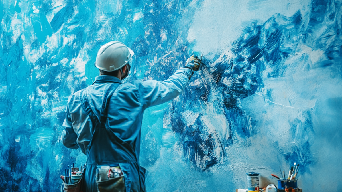 "Маляр в защитной экипировке наносит яркие краски на стену, профессиональная работа с текстурами и цветами, мастерство."