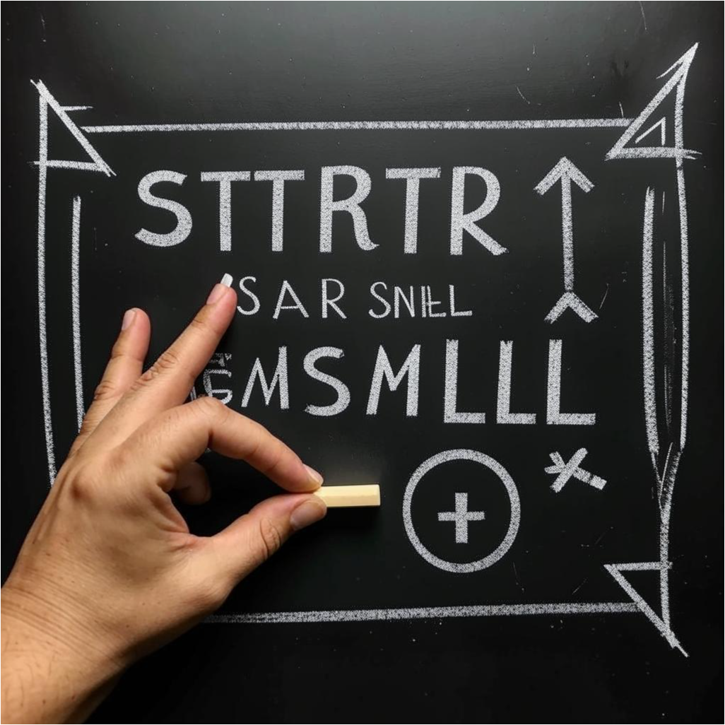 Рука человека пишет на доске фразу "Начни с малого" мелом, рядом нарисована стрелка вперёд.