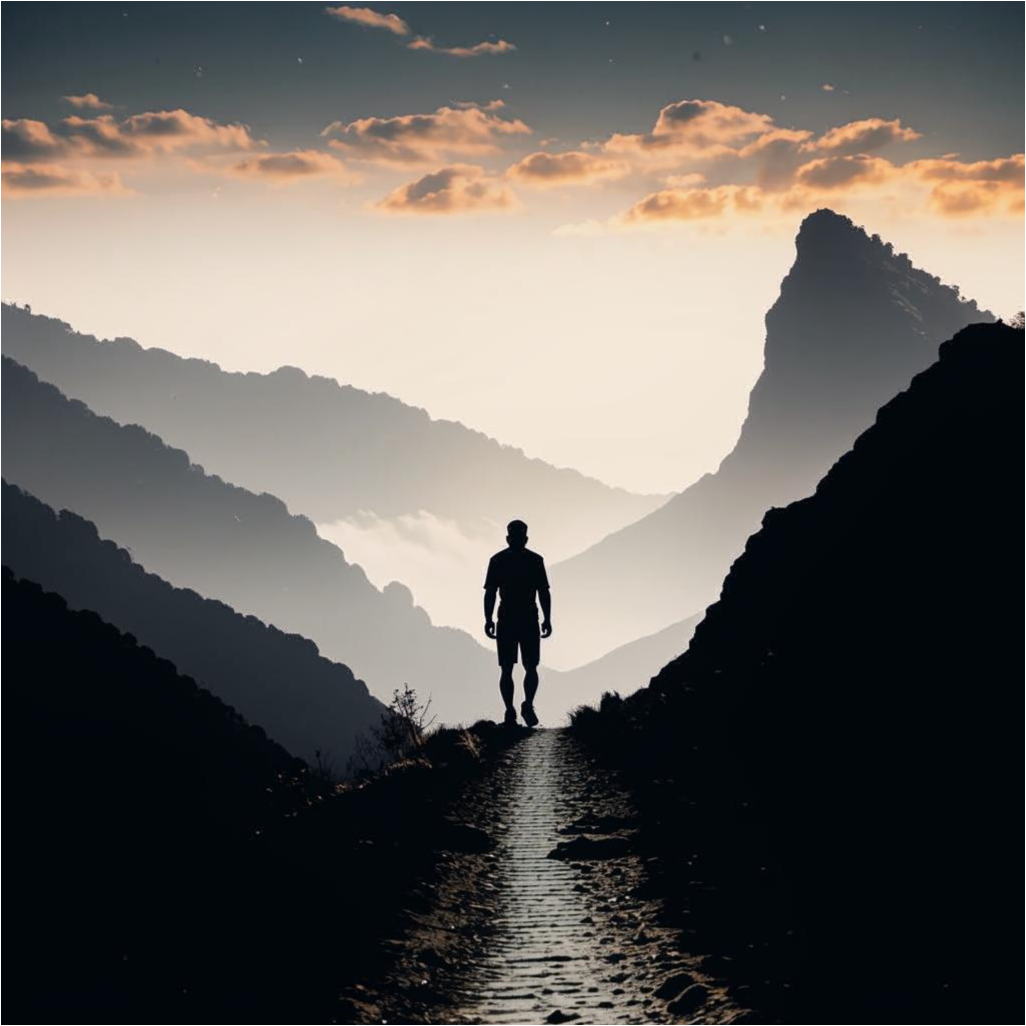 Силуэт человека на фоне горного пейзажа, перед ним большая и сложная тропа, символизирующая вызов.