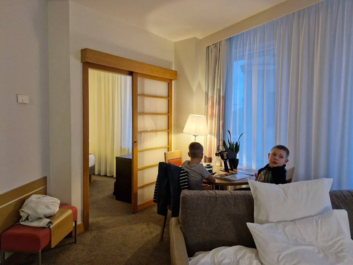 Номер — люкс с двуспальной кроватью и диваном. В номере есть душ, ванная, отдельный санузел