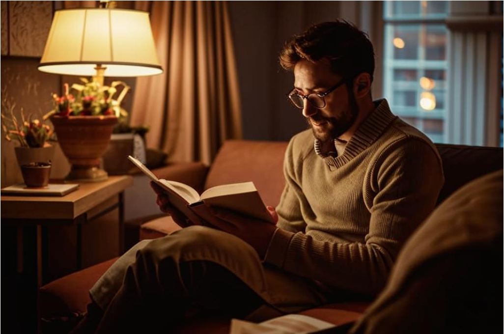 Картинка человека, читающего книгу на диване с чашкой чая, с уютным интерьером вокруг. 
