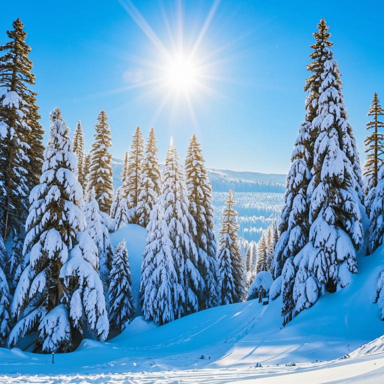 горы, покрытые снегом, синее небо, солнечные лучи, хвойные леса