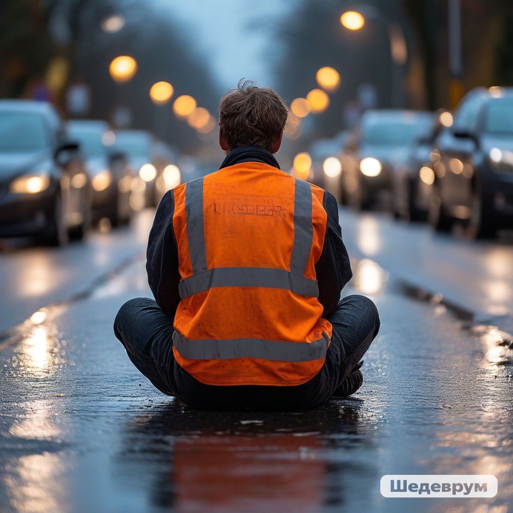 Совместное творчество автора и Шедеврума. Не удалось с ним договориться, чтобы он (Шедеврум) приклеил руку протестанта ладонью к асфальту, как это бывает по настоящему. Поэтому представим себе это в воображении. Полиция приезжает и высверливает кусок асфальта, толщиной 10 см, к которому приклеена рука. 