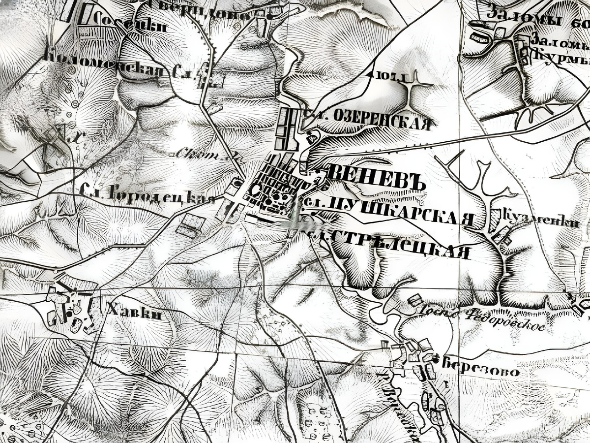 с. Хавки (Веневский у., Холдобинская вол.) на карте Шуберта Тульской, Калужской и Орловской губерний (1874 г.), источник: https://retromap.ru/m1418743