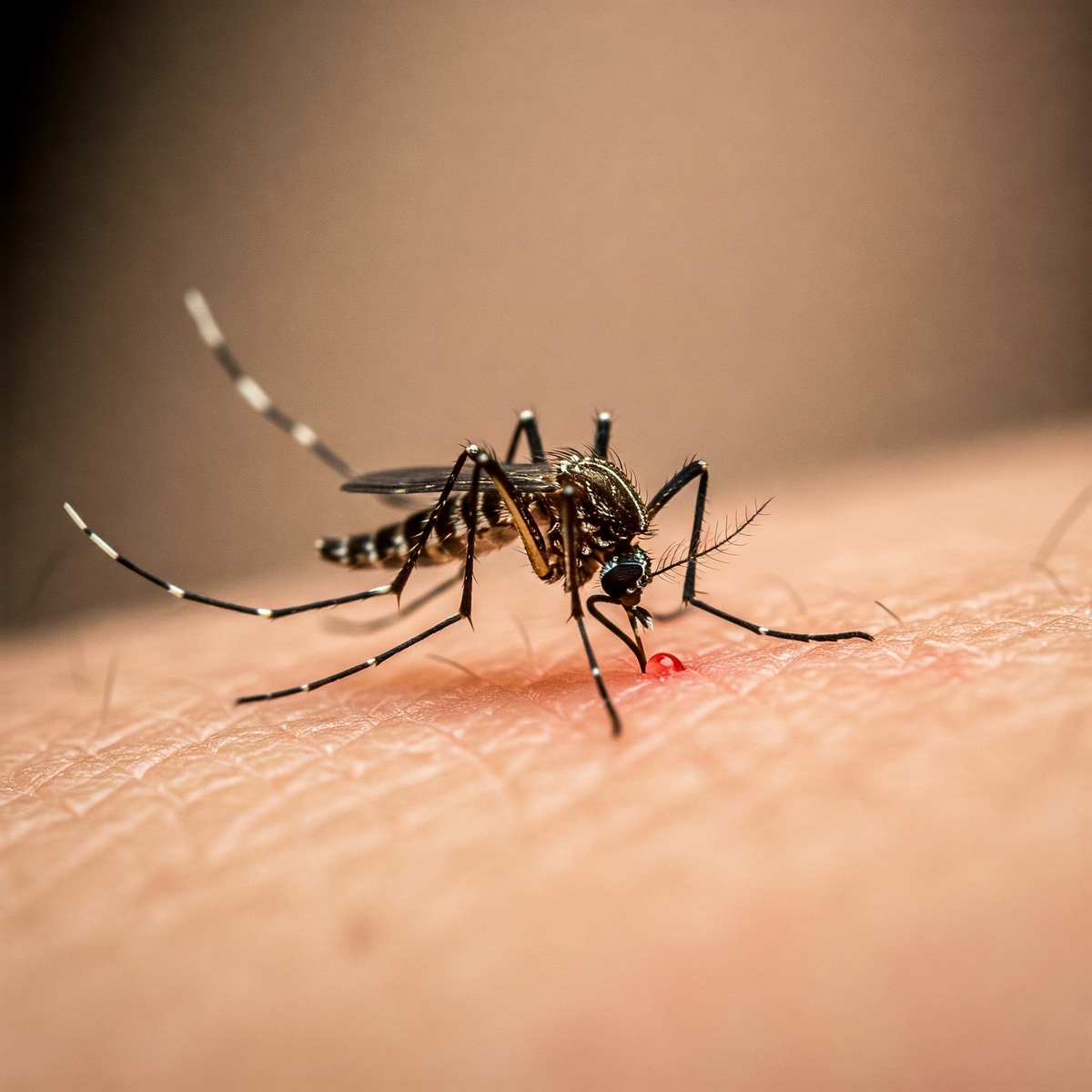 На картинке изображён комар, который кусает кожу человека. Комар имеет длинный, тонкий хоботок, который он использует для прокалывания кожи и высасывания крови. Человеческая кожа вокруг укуса покрасневшая и опухшая. 